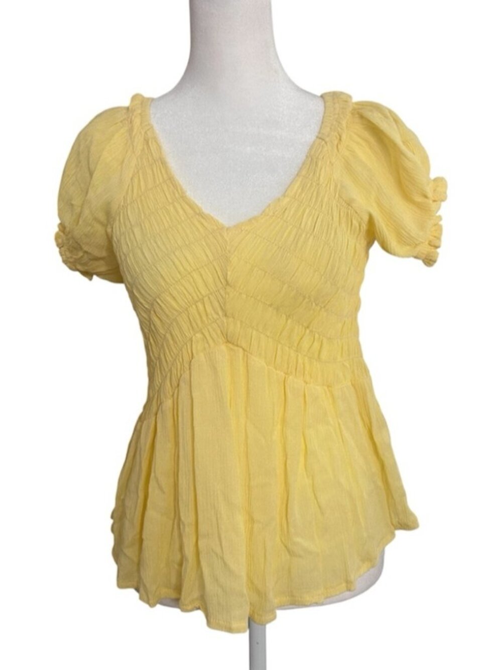 Yellow Ruched Puff Sleeve Peplum Top